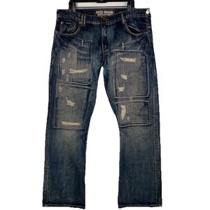 Akoo Brand Men's Distressed Patchwork Denim Jeans Size 38x335